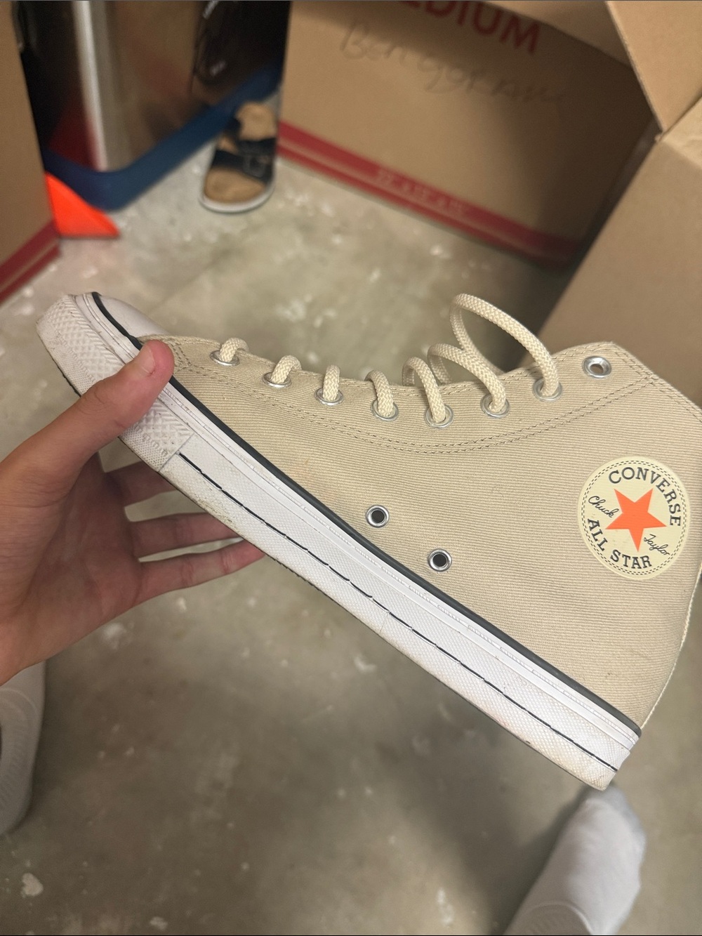 Converse High Top Sneakers in Beige with Orange Star